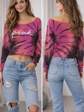 PINK Victoria’s Secret Tie Dye Cropped Sweatshirt Logo Pink Purple Size Small